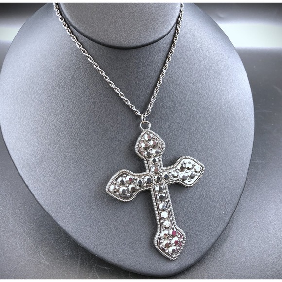 Glam Goth Gunmetal Textured Cross Pendant Necklace 35" Faceted Dark Silver Tone - Picture 1 of 8